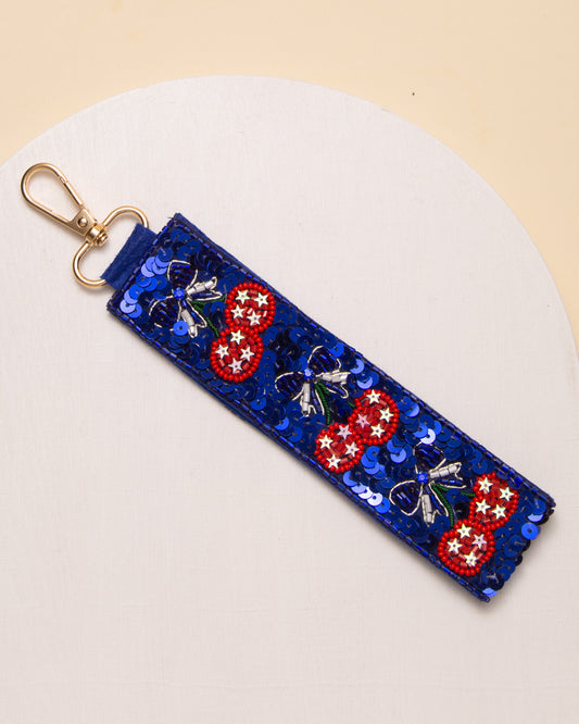 Reyna Sequins Beaded Ribboned Cherry Pattern Wristlet Keychain