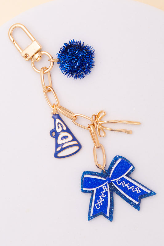 Aurora Bag Charm Keychain with Pom Pom and Bow | Blue White