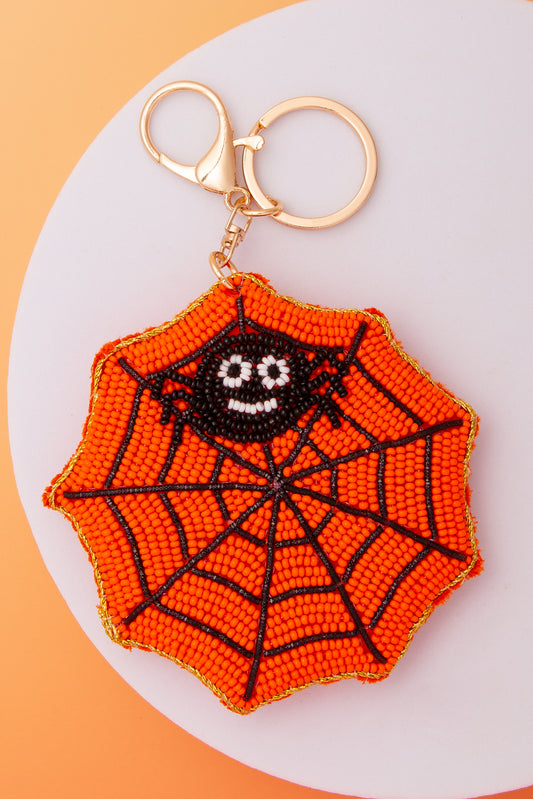 Anna Halloween Seed Beaded Orange & Black Spider Web Keychain