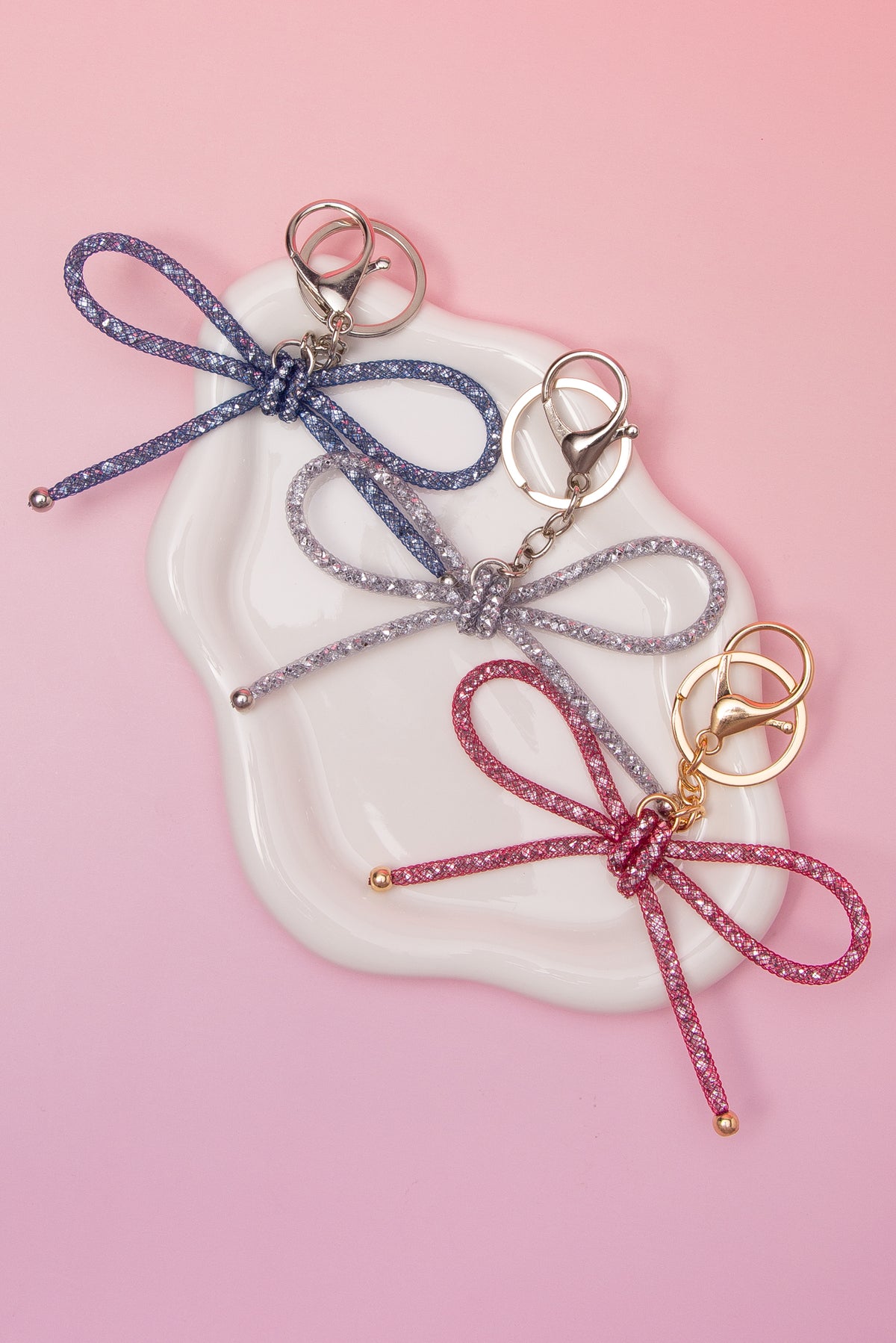 Mesh Keychain Olivia Metallic Mesh Bow Bag Charm Keychain – Sophia Collection
