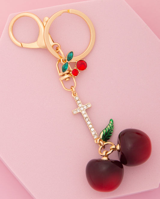 Carley Red Acrylic Cherry Rhinestone Pavé Cross Charm Keychain