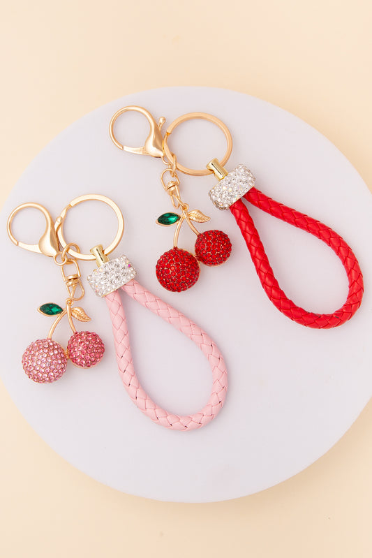 Ruby Cherry Keychain with Rope Handle and Rhinestone Embellished