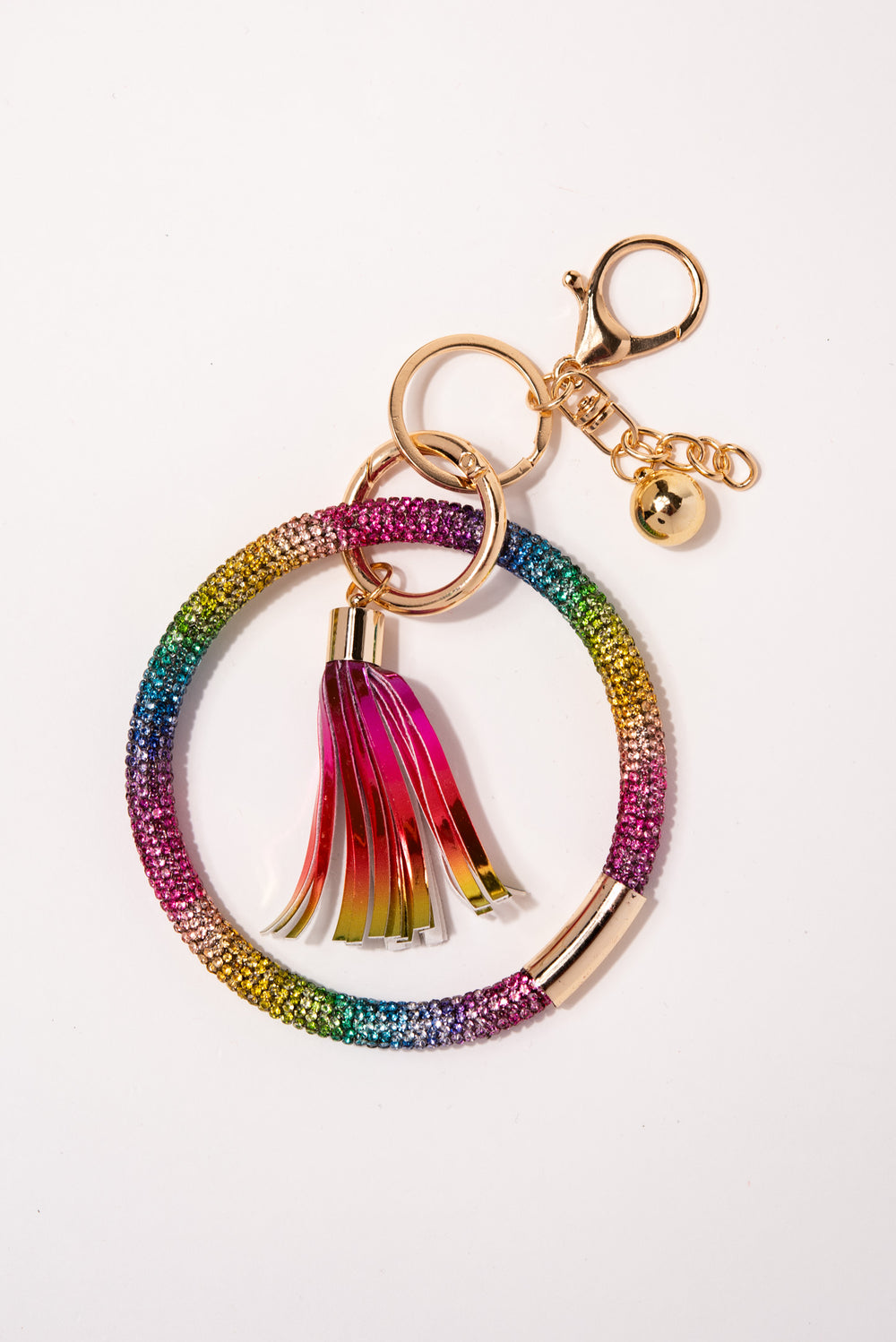 Rhinestone Wristlet Keyring Keychain with Tassel- Rainbow