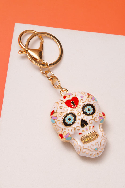 Gia Halloween Enamel Sugar Skull Keychain | White