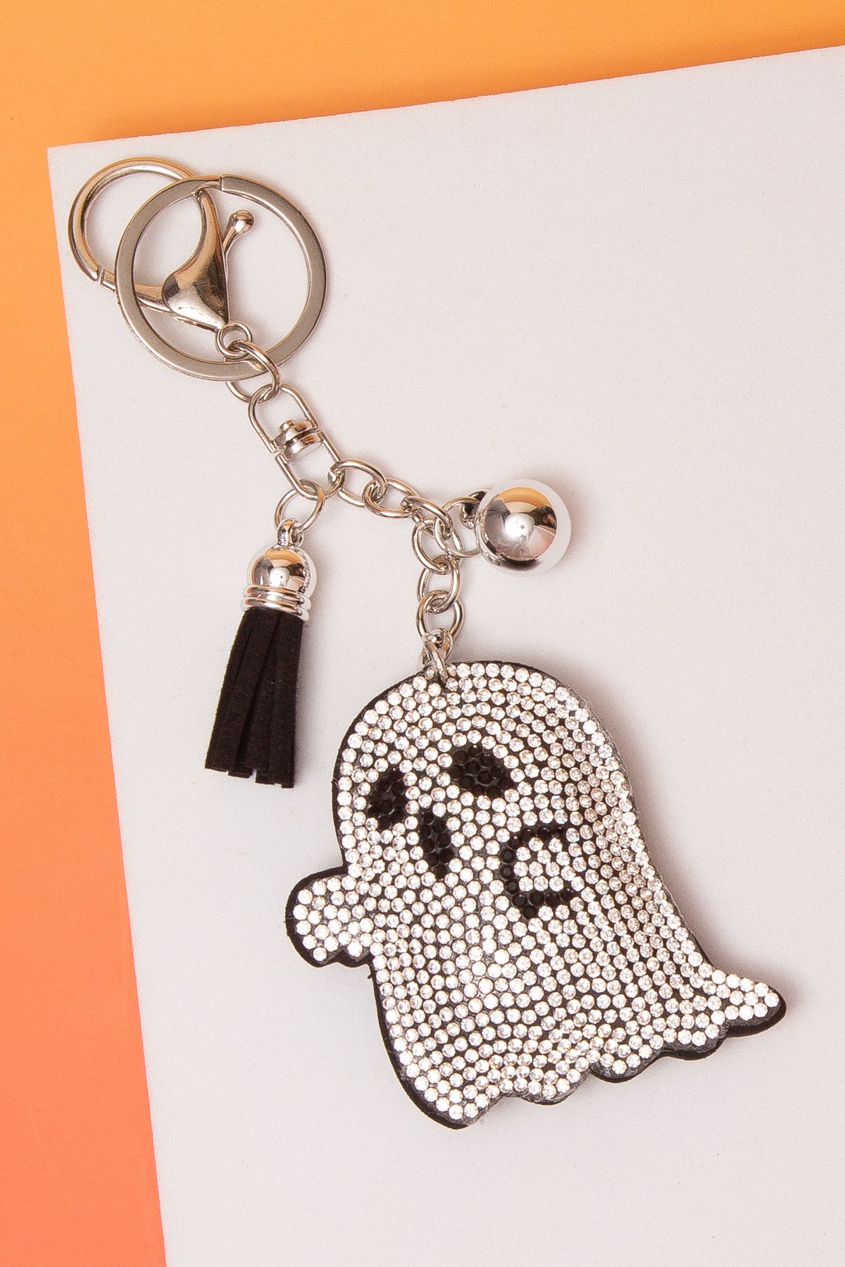 Catherine Rhinestone Pave Spooky Ghost Tassel Keychain | White