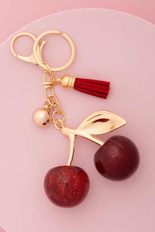 Miranda Red Glittered Resin Cherry Keychain with Lobster Clasp