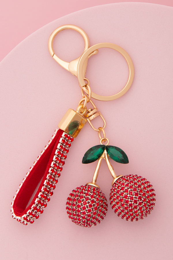 Becky Crystal Lined Red Rhinestone Cherry Wristlet Keychain
