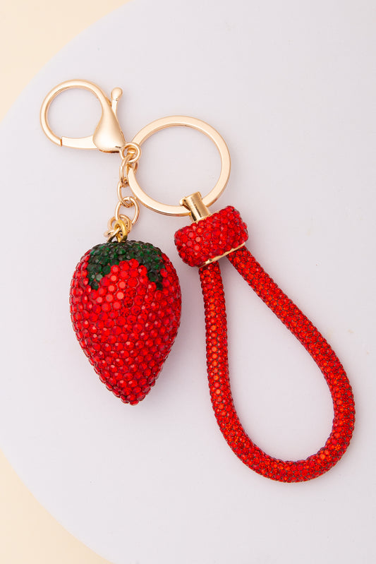 Claire Strawberry Keychain with Rope Handle and Rhinestones