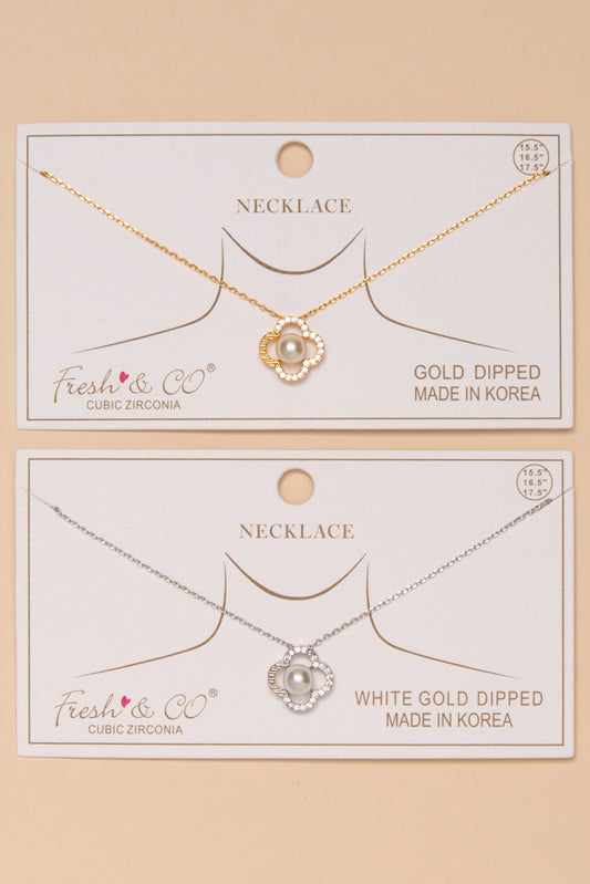 Ruby Gold Dipped Cubic Zirconia Pearl Clover Pendant Necklace
