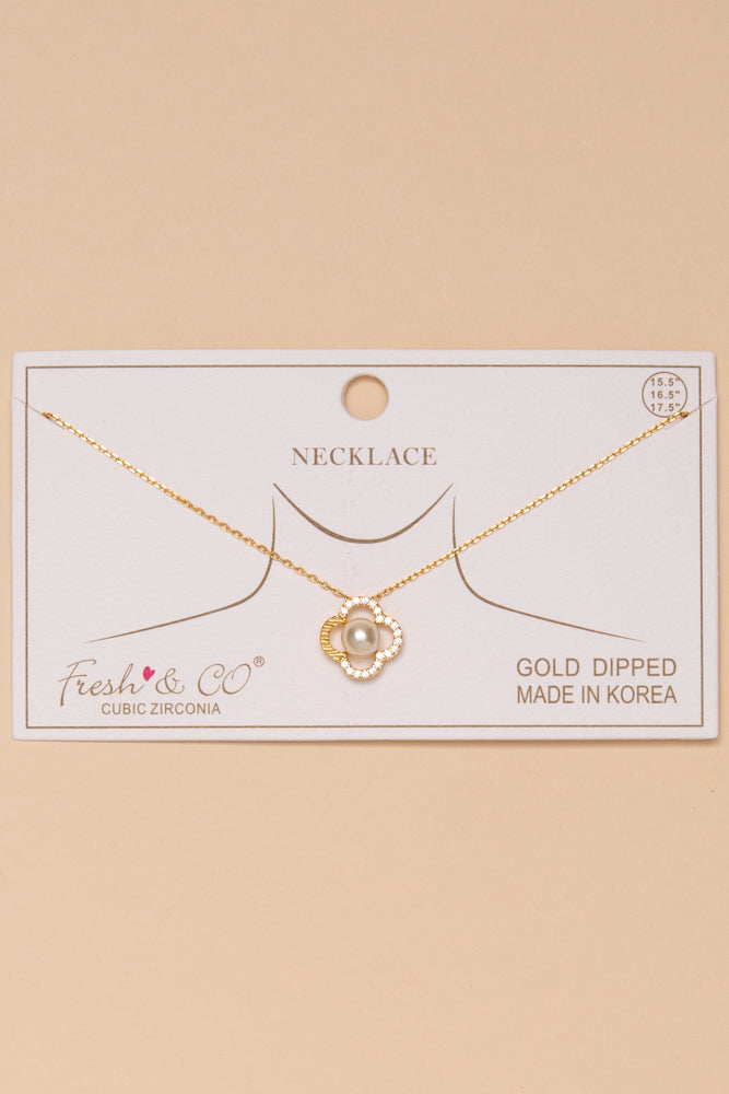 Ruby Gold Dipped Cubic Zirconia Pearl Clover Pendant Necklace | Gold