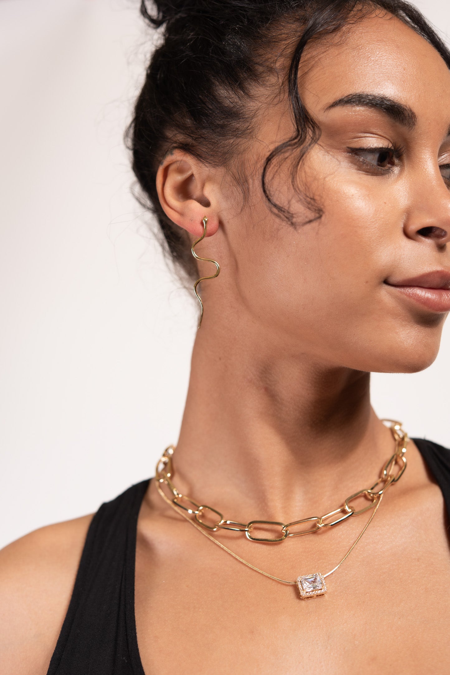 Thalia 2 Layer Bezel Set Solitare Pendant & Paperclip Chain Necklace - Gold