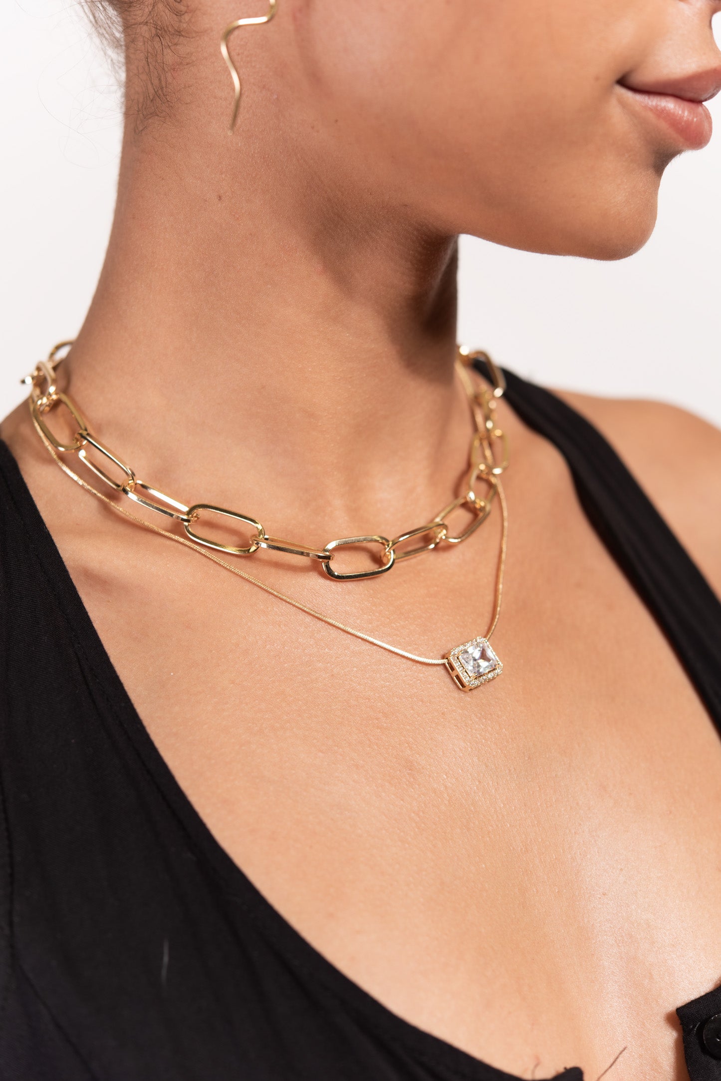 Thalia 2 Layer Bezel Set Solitare Pendant & Paperclip Chain Necklace - Gold