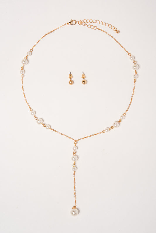 Crystal Y shaped Pearl Drop Necklace - Gold