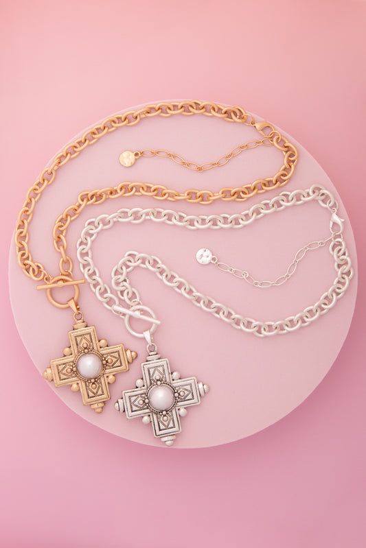 Bree Pearl / Turquoise Embellished Cross Toggle Necklace
