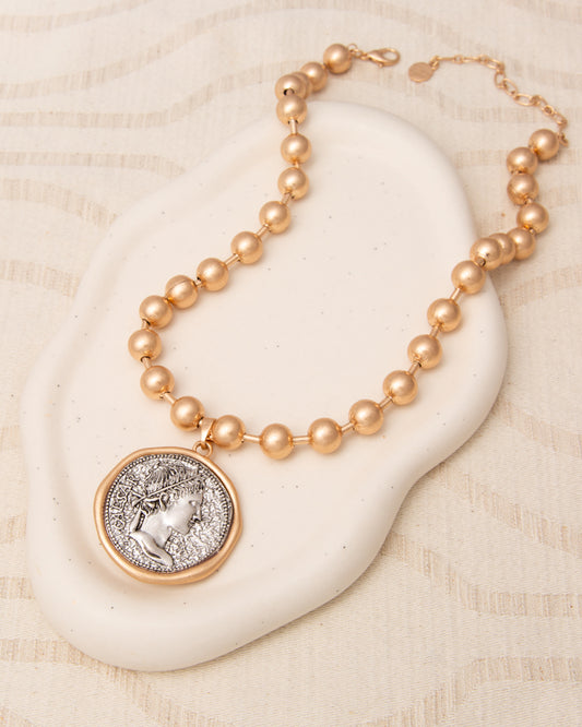 Skye Julius Caesar Imperial Coin Pendant Beaded Necklace | Gold