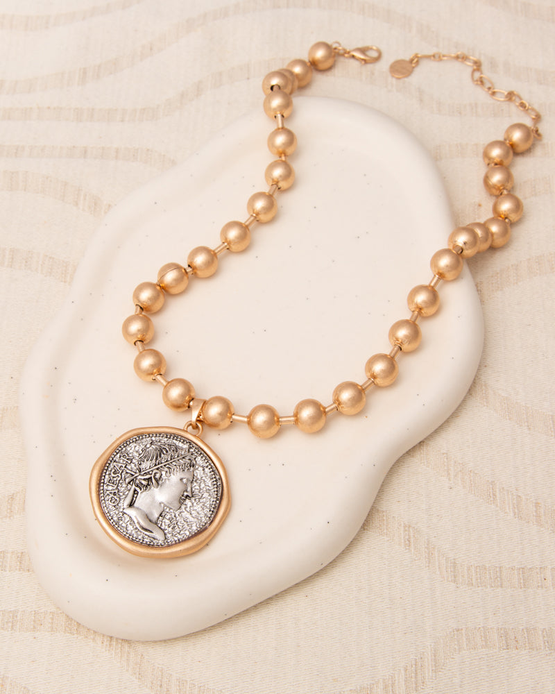 Skye Julius Caesar Imperial Coin Pendant Beaded Necklace | Gold