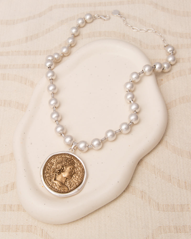 Skye Julius Caesar Imperial Coin Pendant Beaded Necklace | White