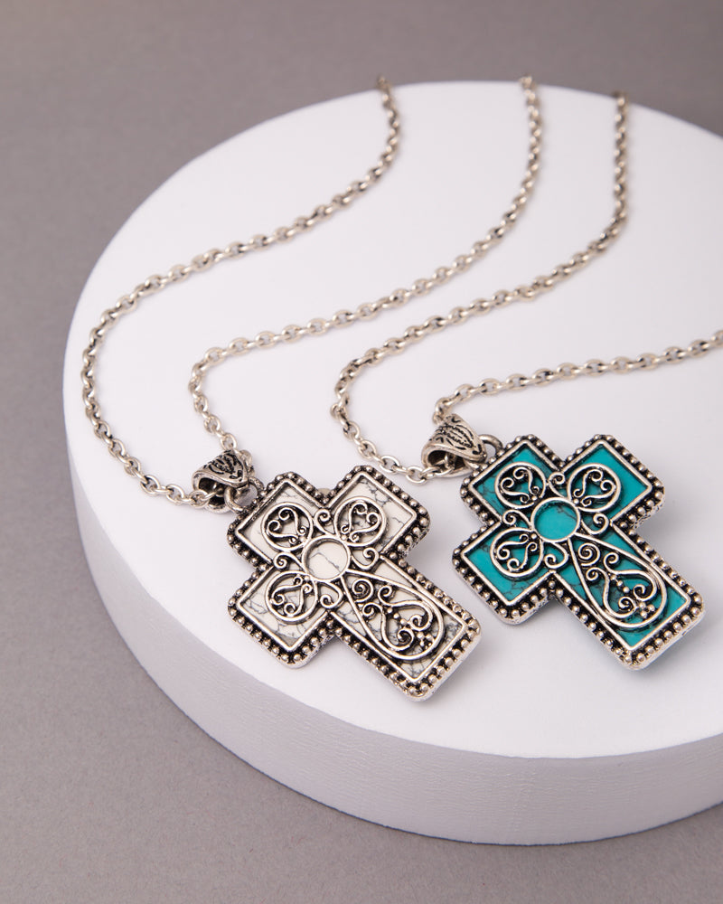 Lena Western Turquoise Scrolled Filigree Cross Pendant Necklace