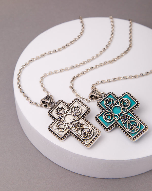 Lena Western Turquoise Scrolled Filigree Cross Pendant Necklace