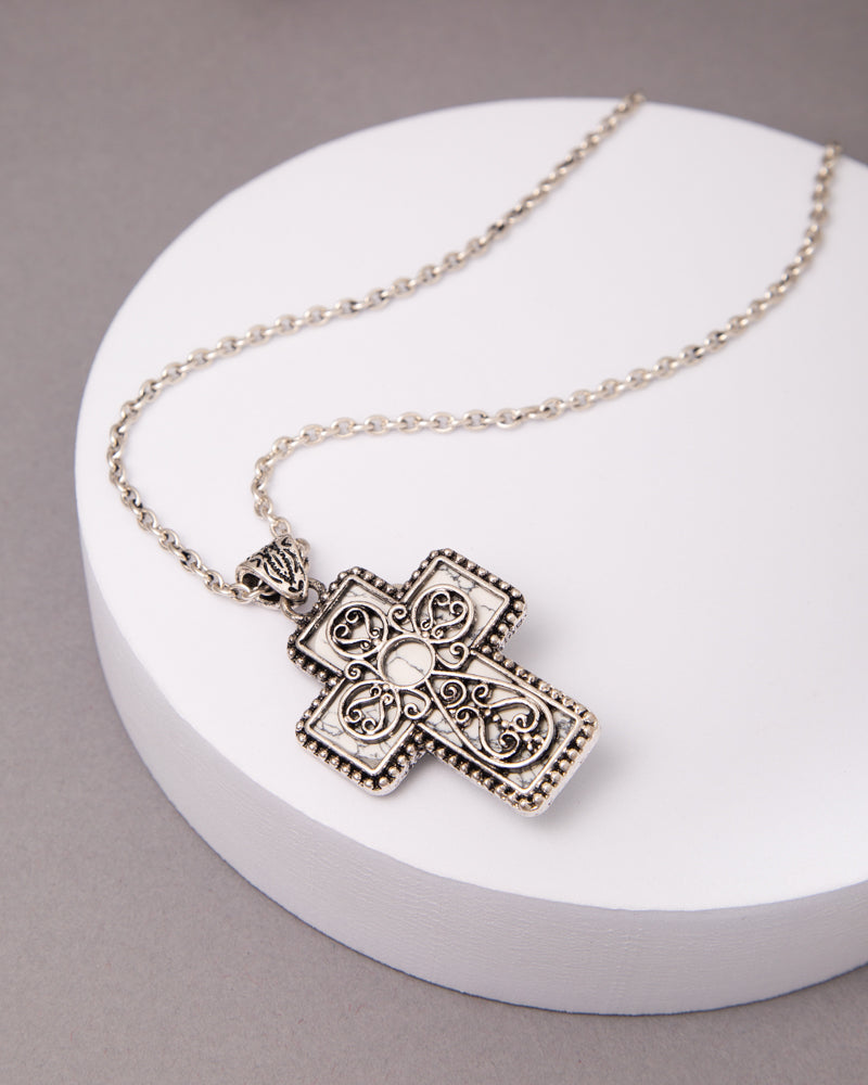 Lena Western Turquoise Scrolled Filigree Cross Pendant Necklace