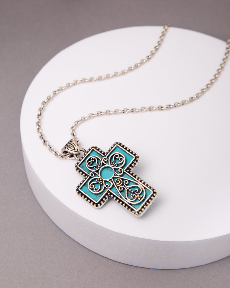 Lena Western Turquoise Scrolled Filigree Cross Pendant Necklace