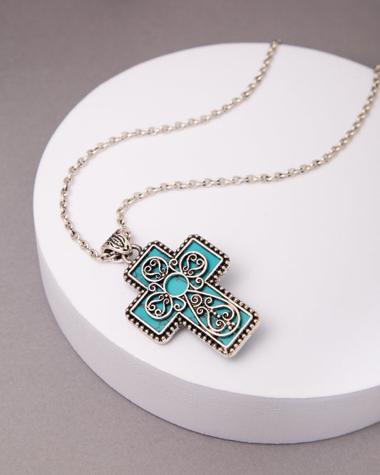 Lena Western Turquoise Scrolled Filigree Cross Pendant Necklace | Turquoise