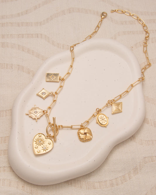 Katherine Compass Heart Theme Multi Charm Necklace | Gold