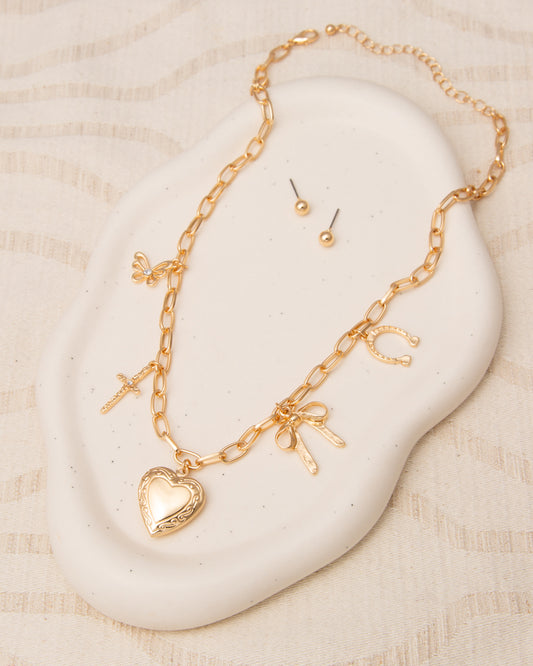 Alexis Multi-Charm Necklace & Earring Set with Heart Locket