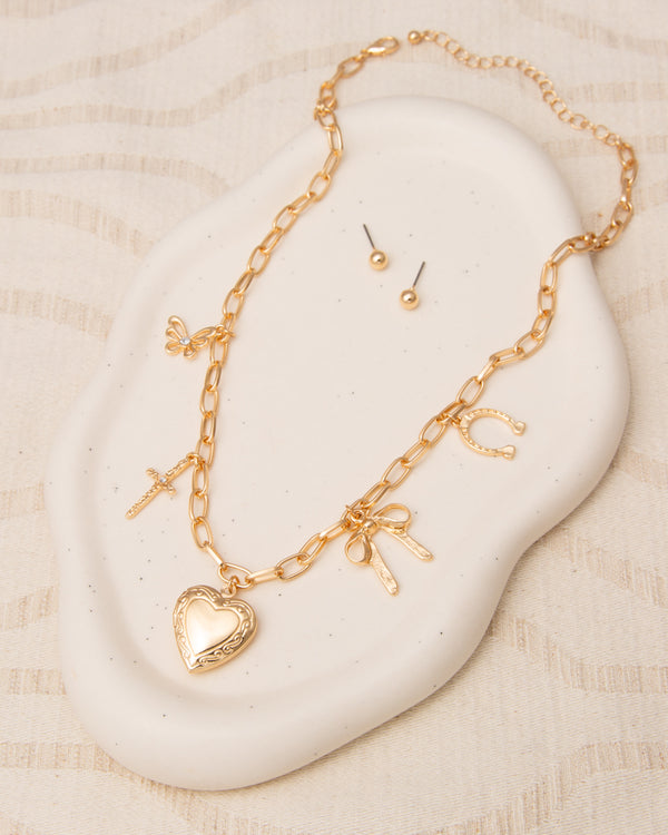 Alexis Multi-Charm Necklace & Earring Set with Heart Locket