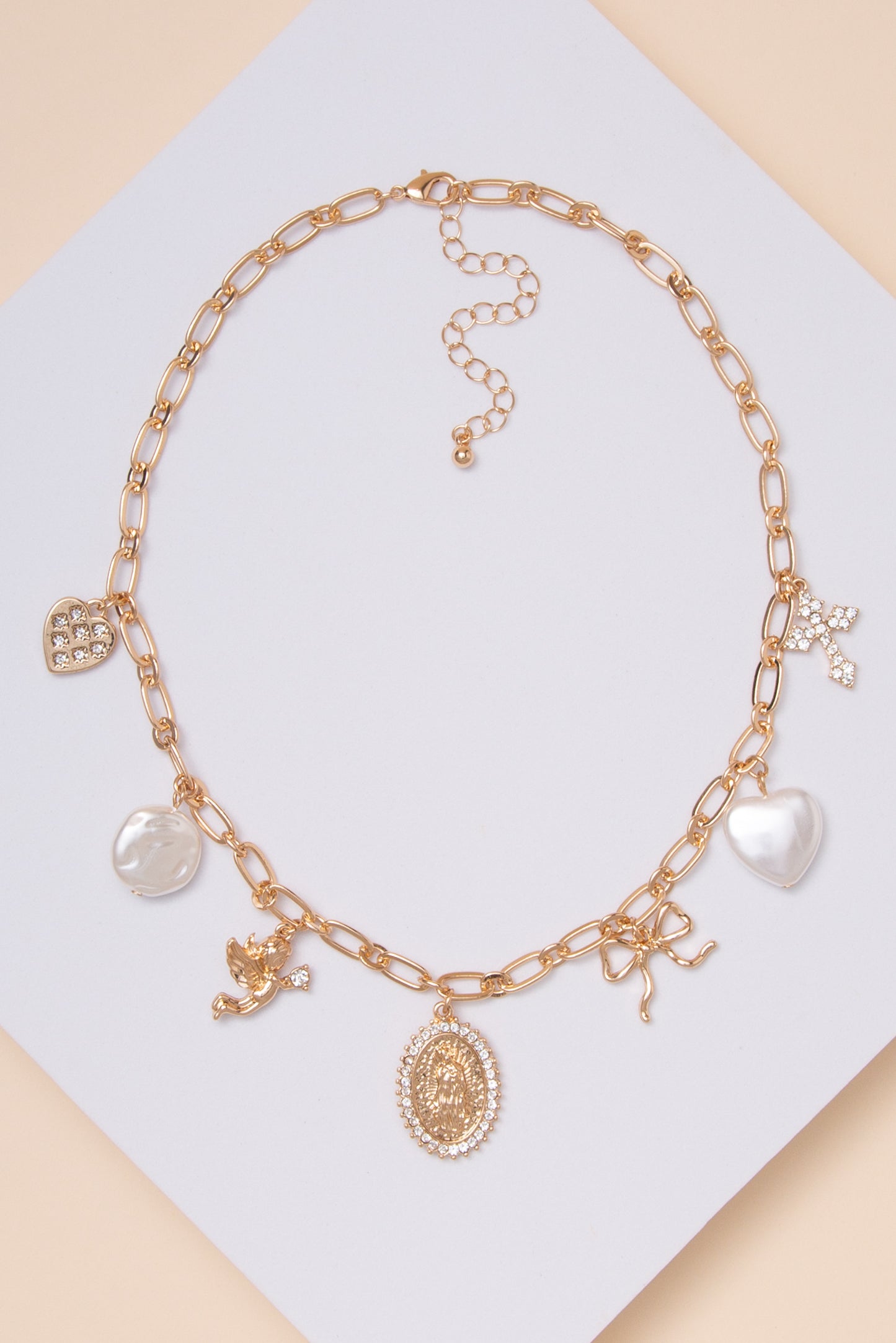 Ana Faith Pearl Rhinestone Embellished Multi Charm Necklace