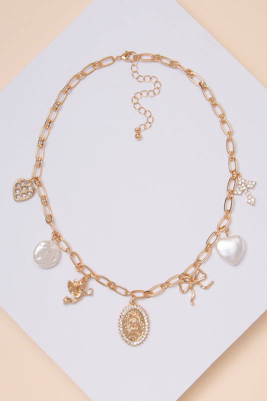 Ana Faith Pearl Rhinestone Embellished Multi Charm Necklace
