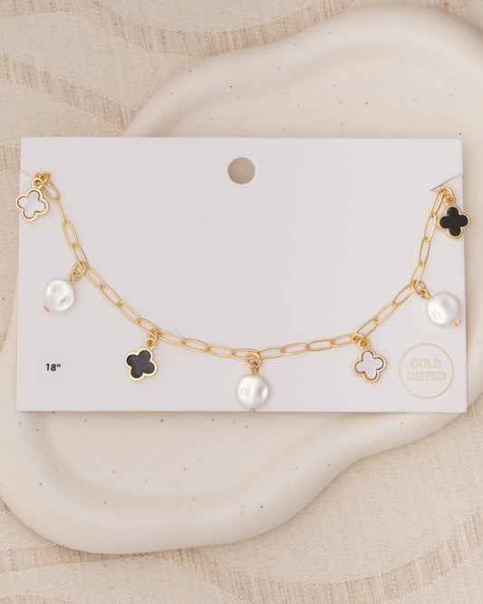 Caroline Bezel Set Colored Enamel Quatrefoil Clover Pendant Necklace | Black & Opal