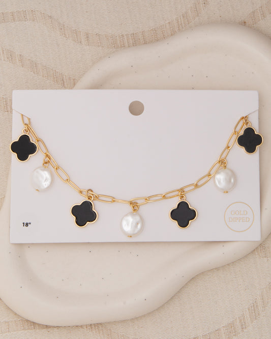 Cora Bezel Set Colored Enamel Quatrefoil Clover Pendant Necklace | Black & Opal