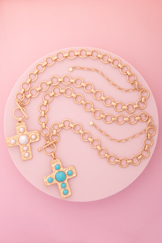 Sally Pearl / Turquoise Embellished Cross Pendant Toggle Necklace