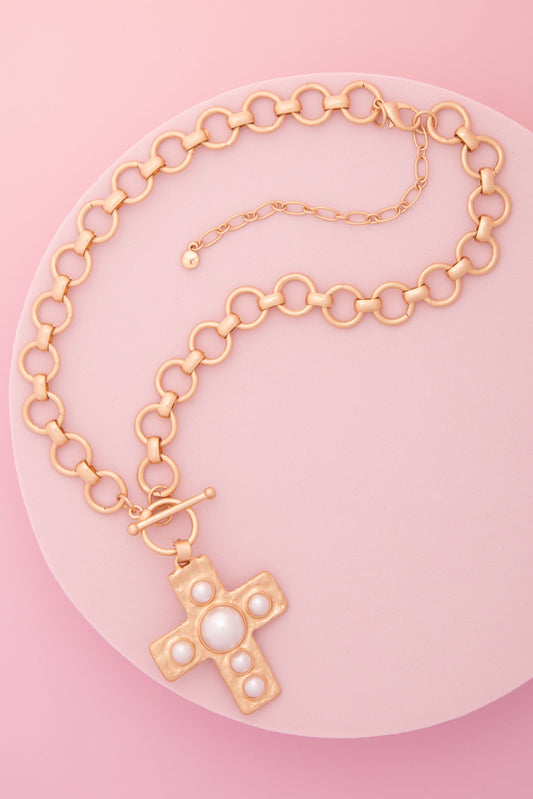 Sally Pearl / Turquoise Embellished Cross Pendant Toggle Necklace | Pearl