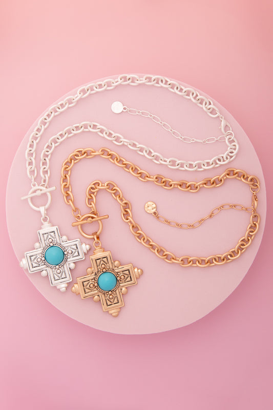 Bree Pearl / Turquoise Embellished Cross Toggle Necklace