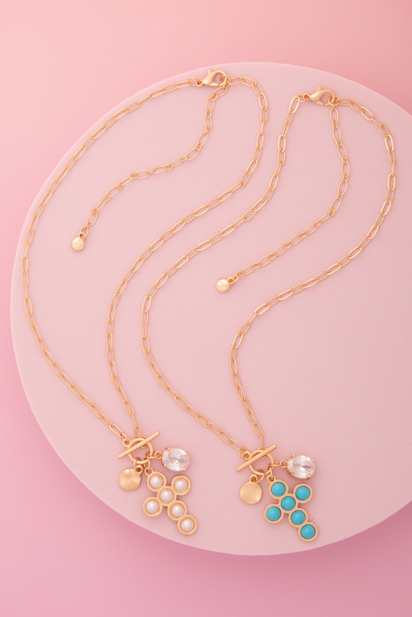 Mallory Pearl / Turquoise Embellished Cross Pendant Toggle Necklace