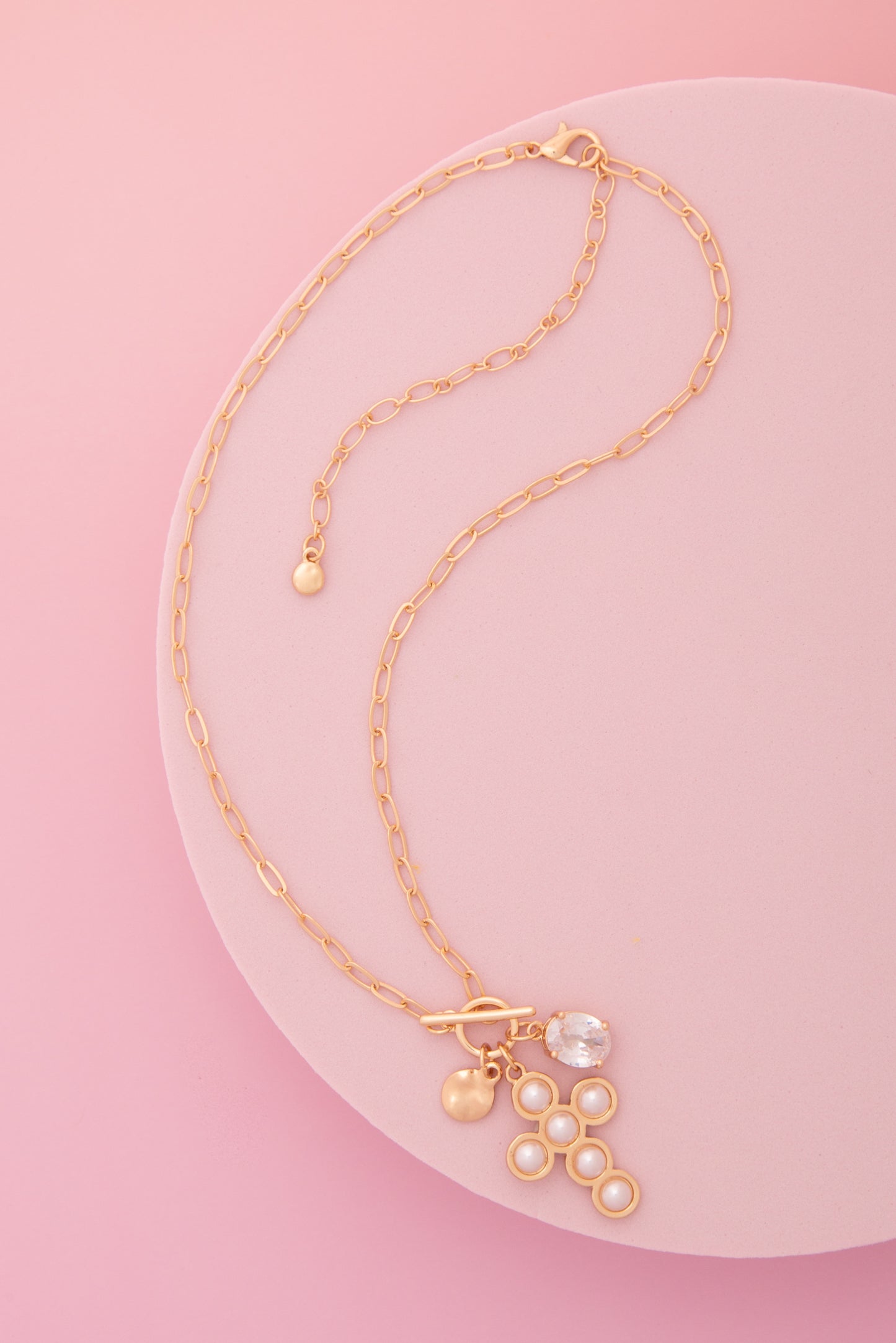 Mallory Pearl / Turquoise Embellished Cross Pendant Toggle Necklace