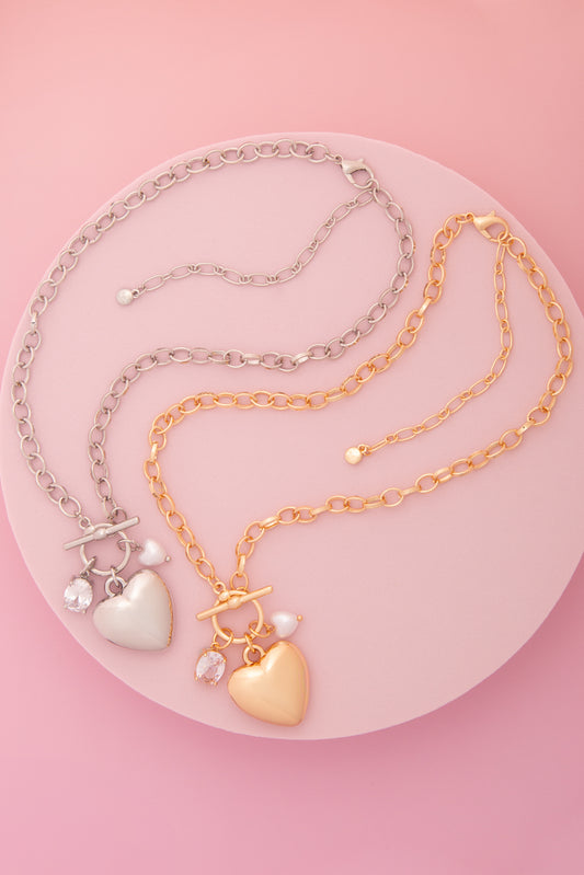 Heather Pearl Crystal Embellished Heart Charm Necklace