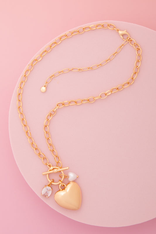 Heather Pearl Crystal Embellished Heart Charm Necklace | Gold