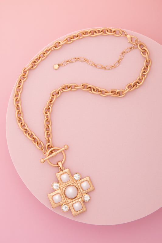 Heidi Crystal Pearl Embellished Cross Pendant Necklace