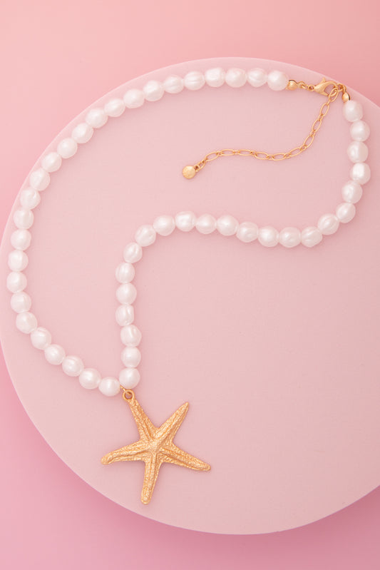Grace  Rough Finish Starfish Pendant Baroque Pearl Beaded Necklace