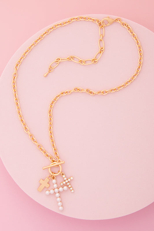 Maria Charm Necklace Featuring Pearl, Crystal, and Cross Trinkets