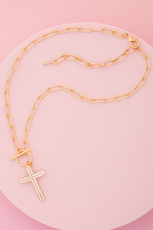 Cathy Rhinestone Pavé Cross Pendant Toggle Necklace