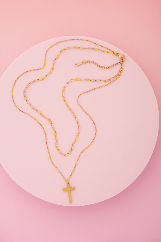 Denise Polished Cross Pendant Multi-Strand Chain Necklace | Gold