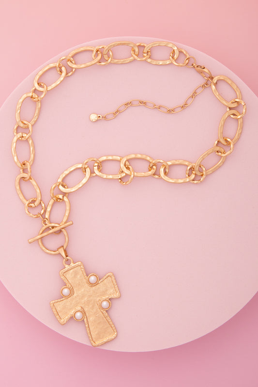 Beth Ermine Styled Pearl Embellished Cross Pendant Necklace