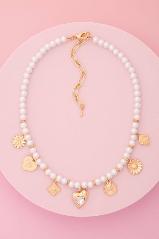Kim Heirloom Token Theme Pearl Bead Charm Necklace