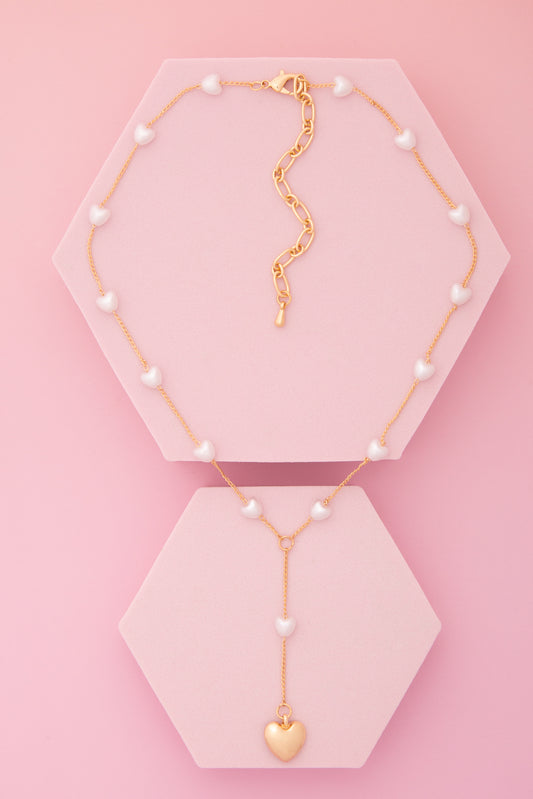Valentina Heart Pendant Pearl Bead Lariat Necklace