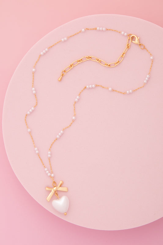 Lauren Bow & Heart Shaped Pearl Pendant Necklace
