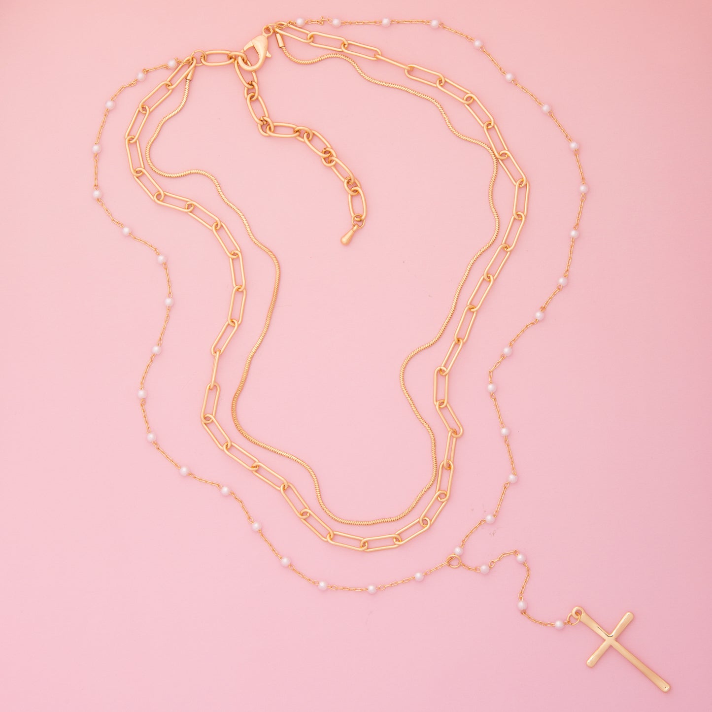 Olivia Multi-Strand Pearl Embellished Cross Pendant Chain Necklace